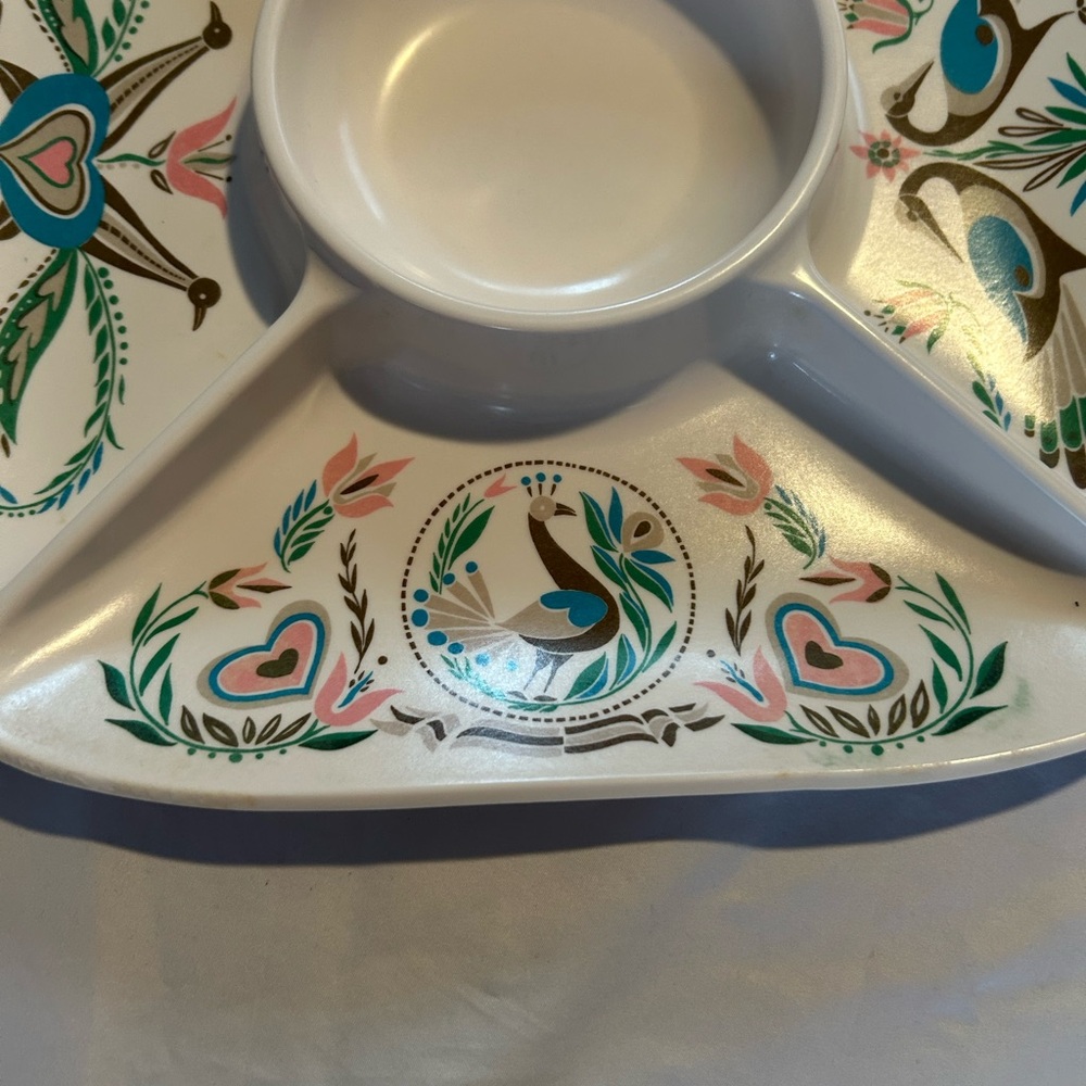 Vtg Melamine Large Divided Tray Square Penna Dutch Symbols MCM 14” Peacock Doves - Picture 6 of 8